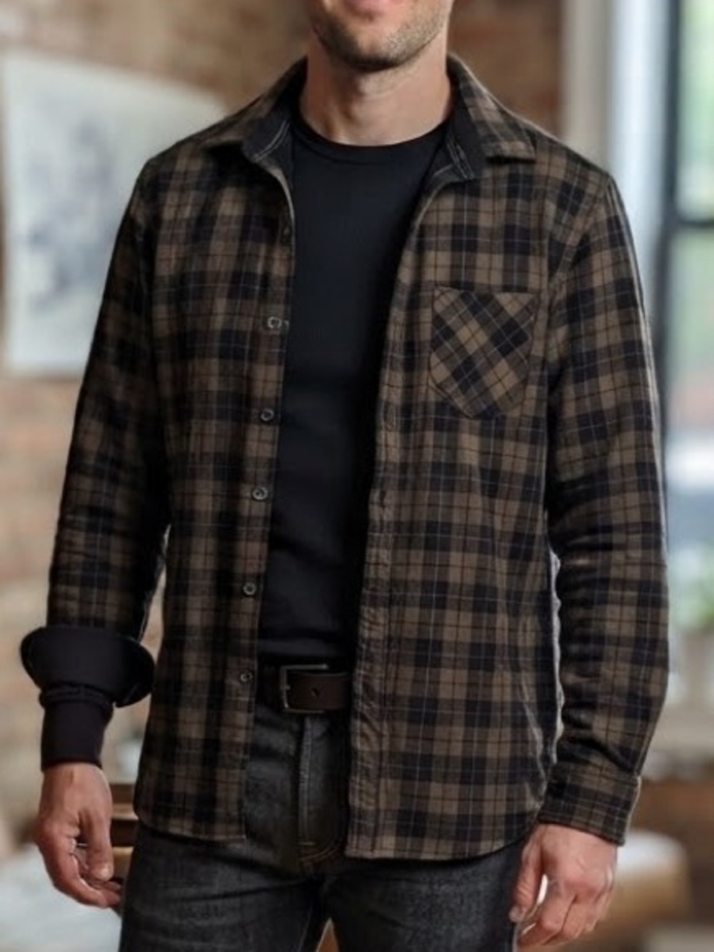 Men's Casual Lined Plaid Flannel Button-Down Shirt — Brown/Black